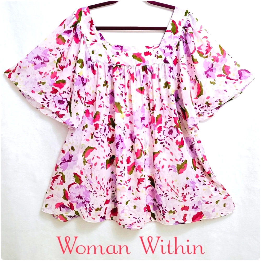 Women Within, Feminine Floral Fluttery Blouse, Easy Care, Size 1X